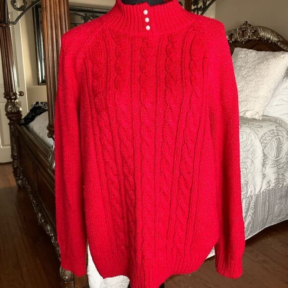 Karen Scott Red Cable Knit Pearl Detail Sweater - Picture 3 of 12